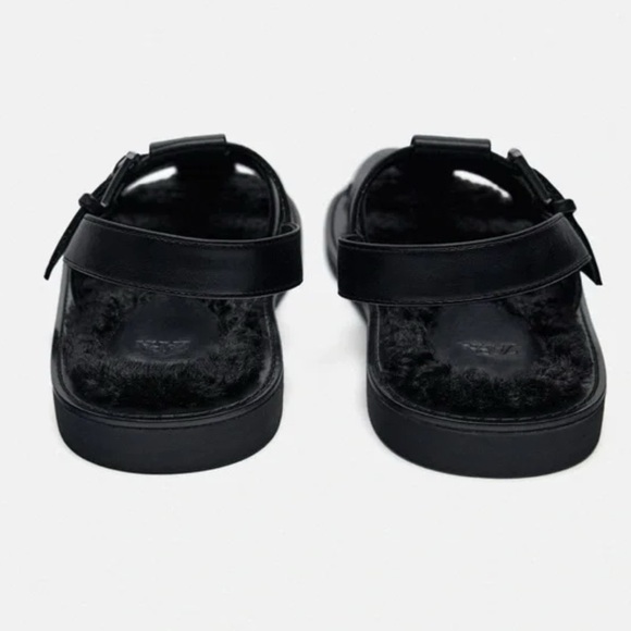 🆕Zara Black Faux Fur Lined Flat Cage Sandals 9/40🆕 - Picture 4 of 16